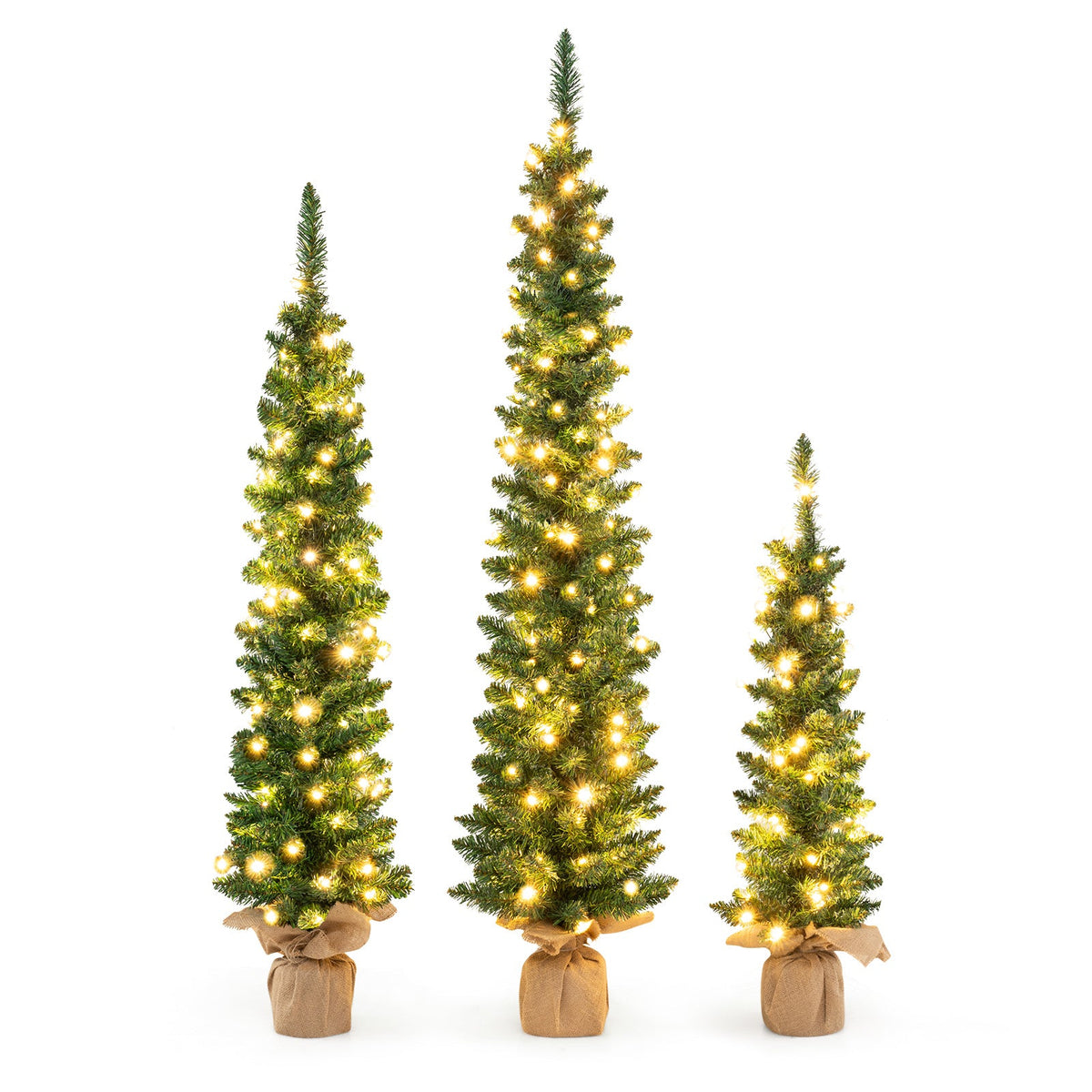 Set of 3 pre-lit artificial Christmas trees with warm white LEDs, burlap-wrapped bases on Tampa Home & Garden Store