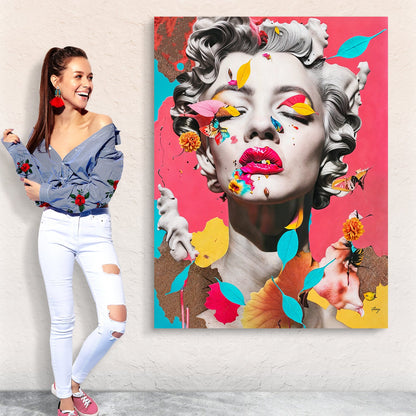 Canvas Print: Chroma Whimsy, collage with leaves and butterflies on pink background on Tampa Home & Garden Store