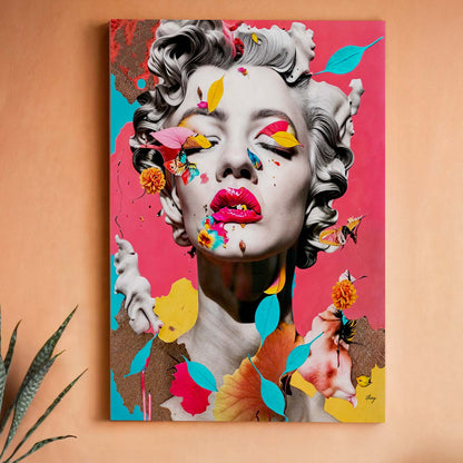 Canvas Print: Chroma Whimsy, vivid portrait with leaves and butterflies on pink backdrop on Tampa Home & Garden Store