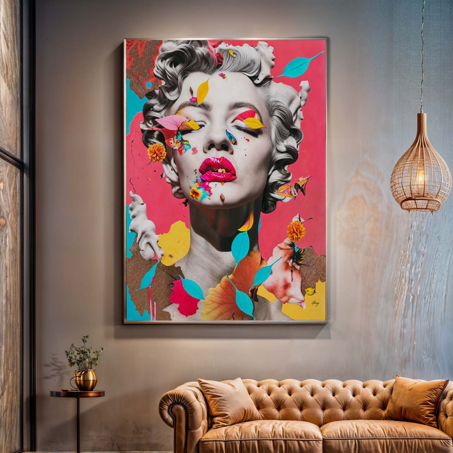 Canvas Chroma Whimsy by Tailored Canvases, vibrant portrait with leaves and butterflies on Tampa Home & Garden Store