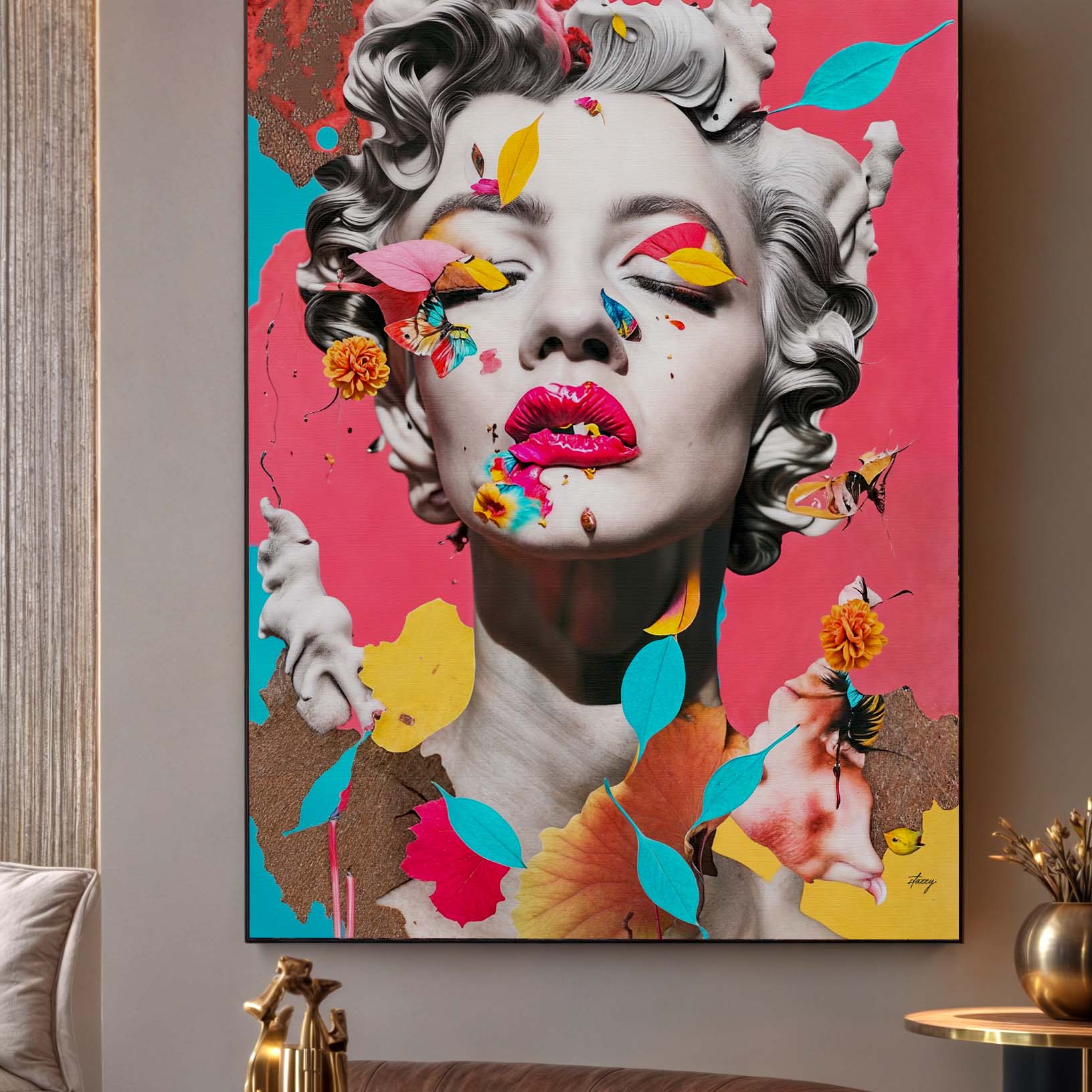 Canvas Print: Chroma Whimsy by Tailored Canvases, pink background with leaves and butterflies on Tampa Home & Garden Store