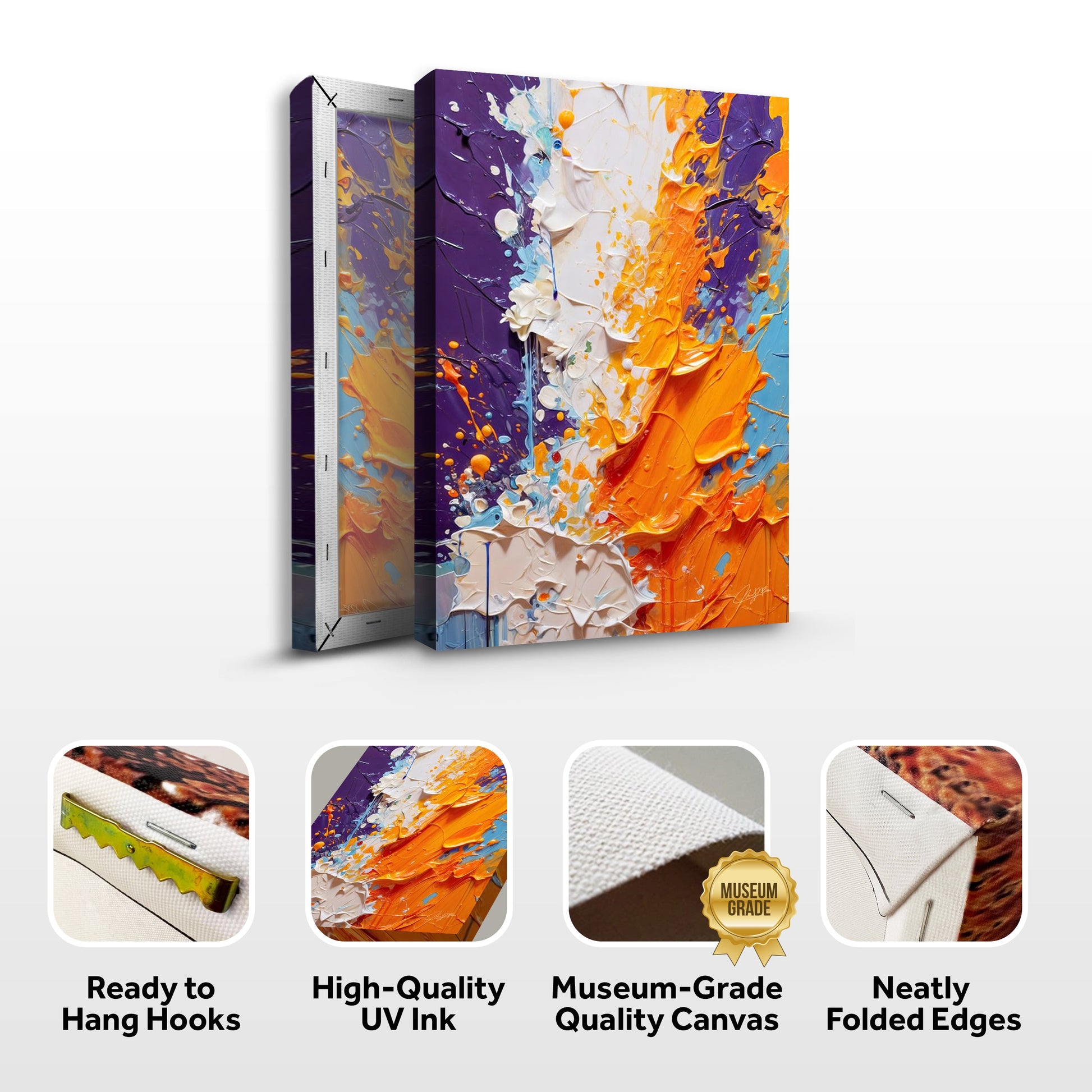 Canvas Print Chromatic Rift, 3-panel Tailored Canvases with bold purple and orange impasto on Tampa Home & Garden Store