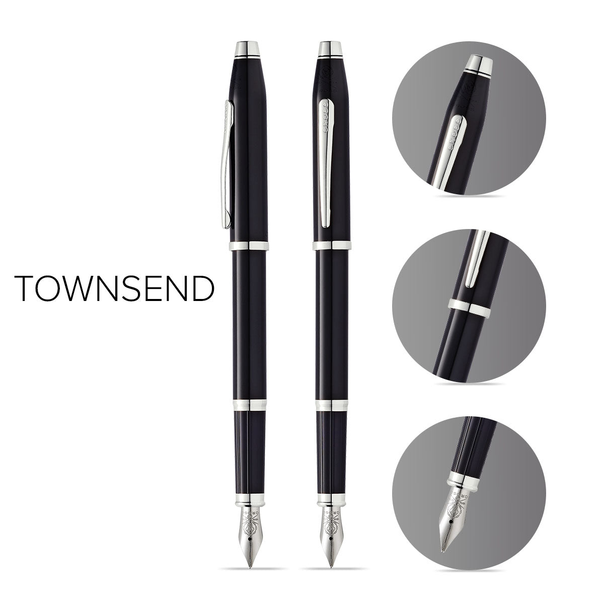 Two Century II black lacquer fountain pens by A.T. Cross with silver caps and clips, medium nibs on Tampa Home & Garden Store