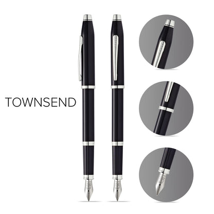 Two Century II black lacquer fountain pens by A.T. Cross with silver caps and clips, medium nibs on Tampa Home & Garden Store
