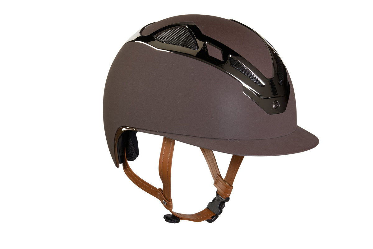 Suomy Apex Riding Helmet Chrome Brown Matte with tan chin straps by American Equus on Tampa Home & Garden Store