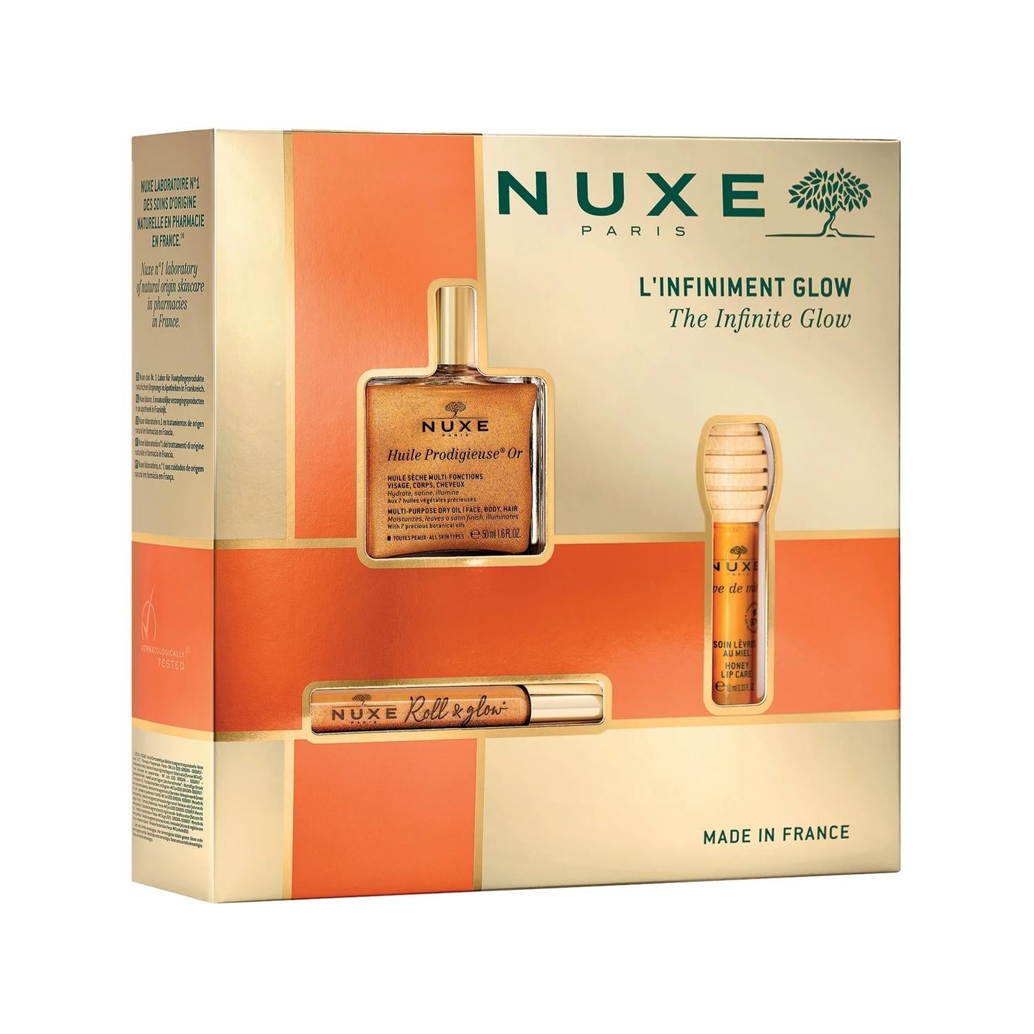 NUXE Infinite Glow skincare gift set in gold packaging featuring Huile Prodigieuse Or bottle on Tampa Home & Garden Store