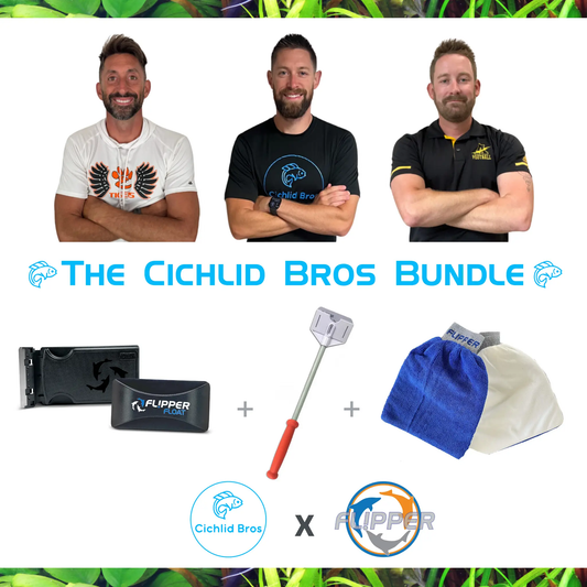 Cichlid Bros Flipper Magnet Scrubber Kit bundle with three models in branded tees on Tampa Home & Garden Store