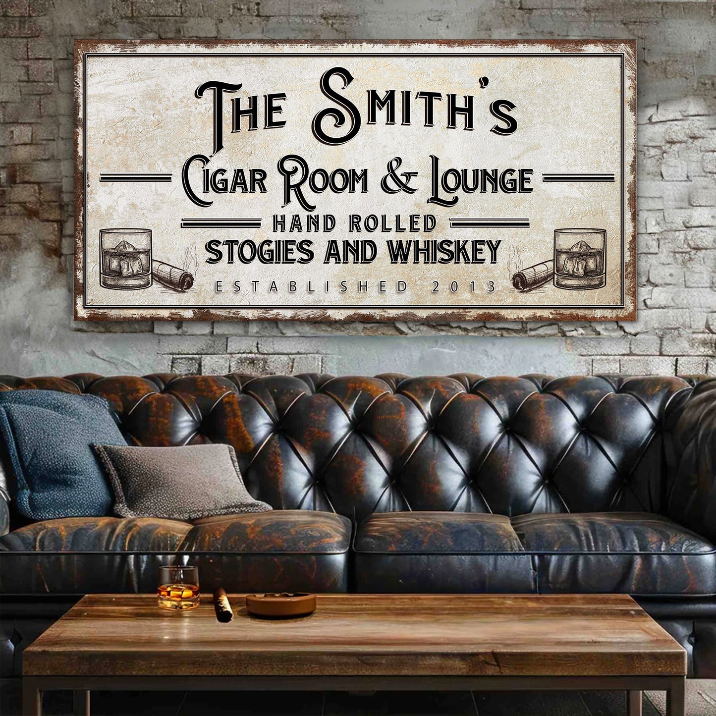 Canvas sign Personalized Cigar Room and Lounge II in vintage beige and black typography on Tampa Home & Garden Store