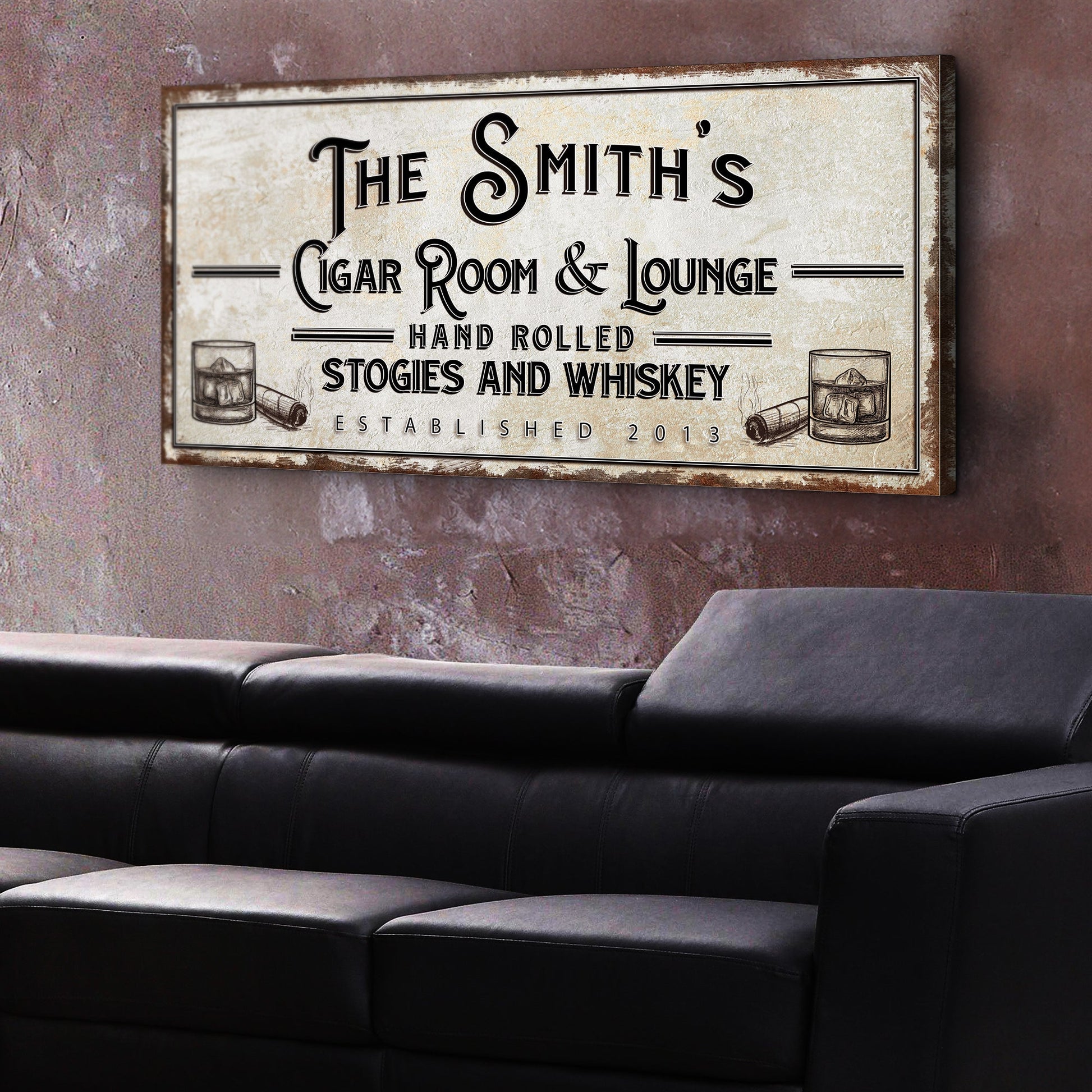 Personalized Cigar Room and Lounge Sign canvas with vintage font and whiskey glass accents on Tampa Home & Garden Store