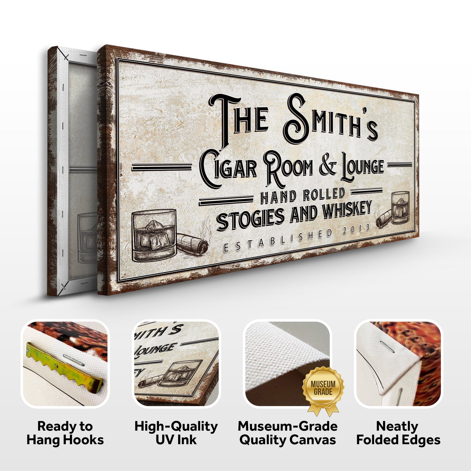 Personalized cigar room and lounge sign canvas with vintage parchment texture distressed frame on Tampa Home & Garden Store