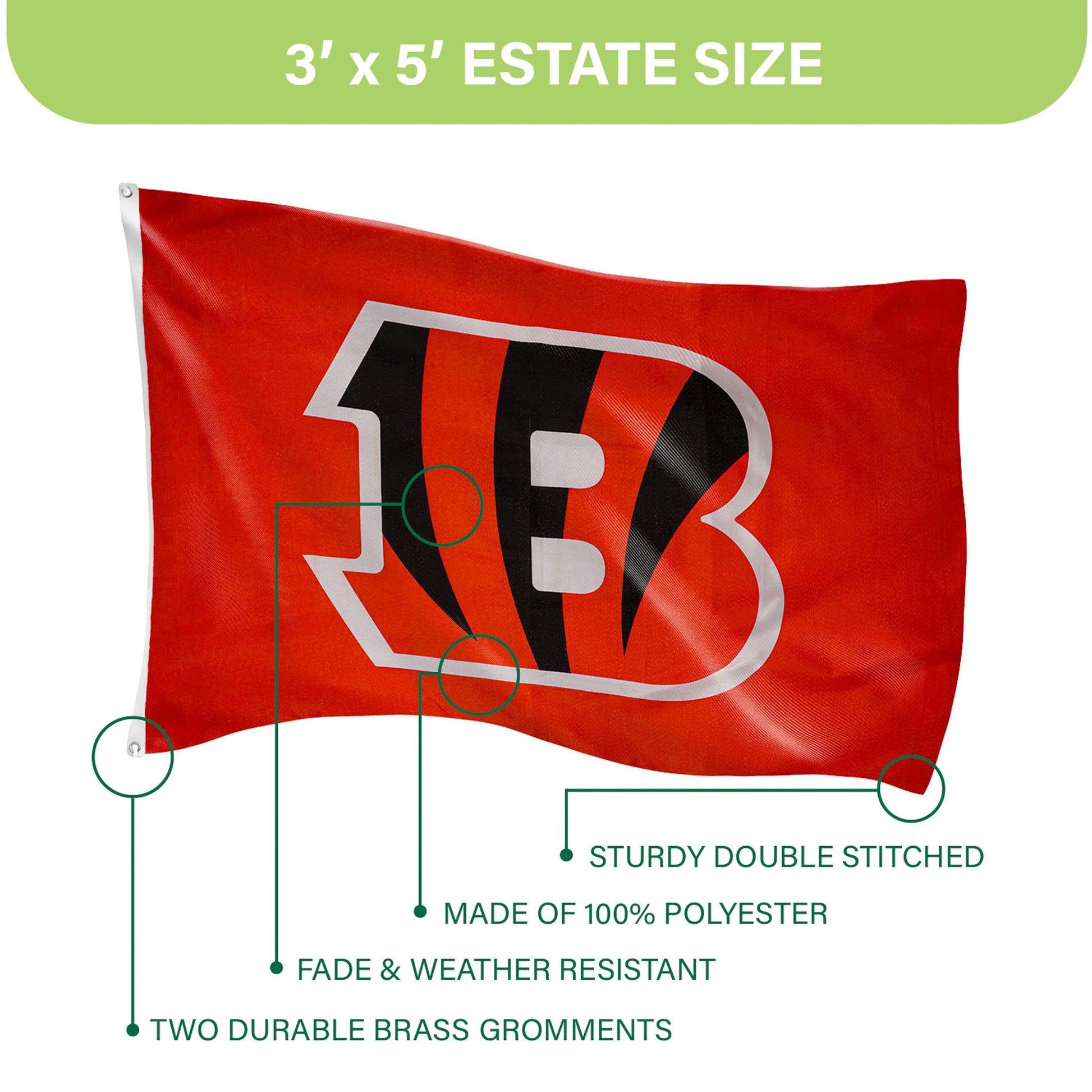 Cincinnati Bengals Single Sided Flag with 2 Grommets, 3'x5' - Tampa Home & Garden Store