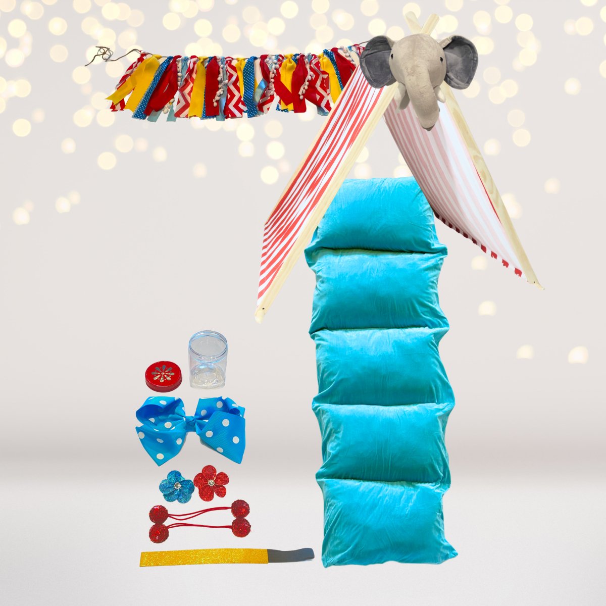 Kids circus tent sleepover play set with striped canopy and turquoise cushioned tower on Tampa Home & Garden Store