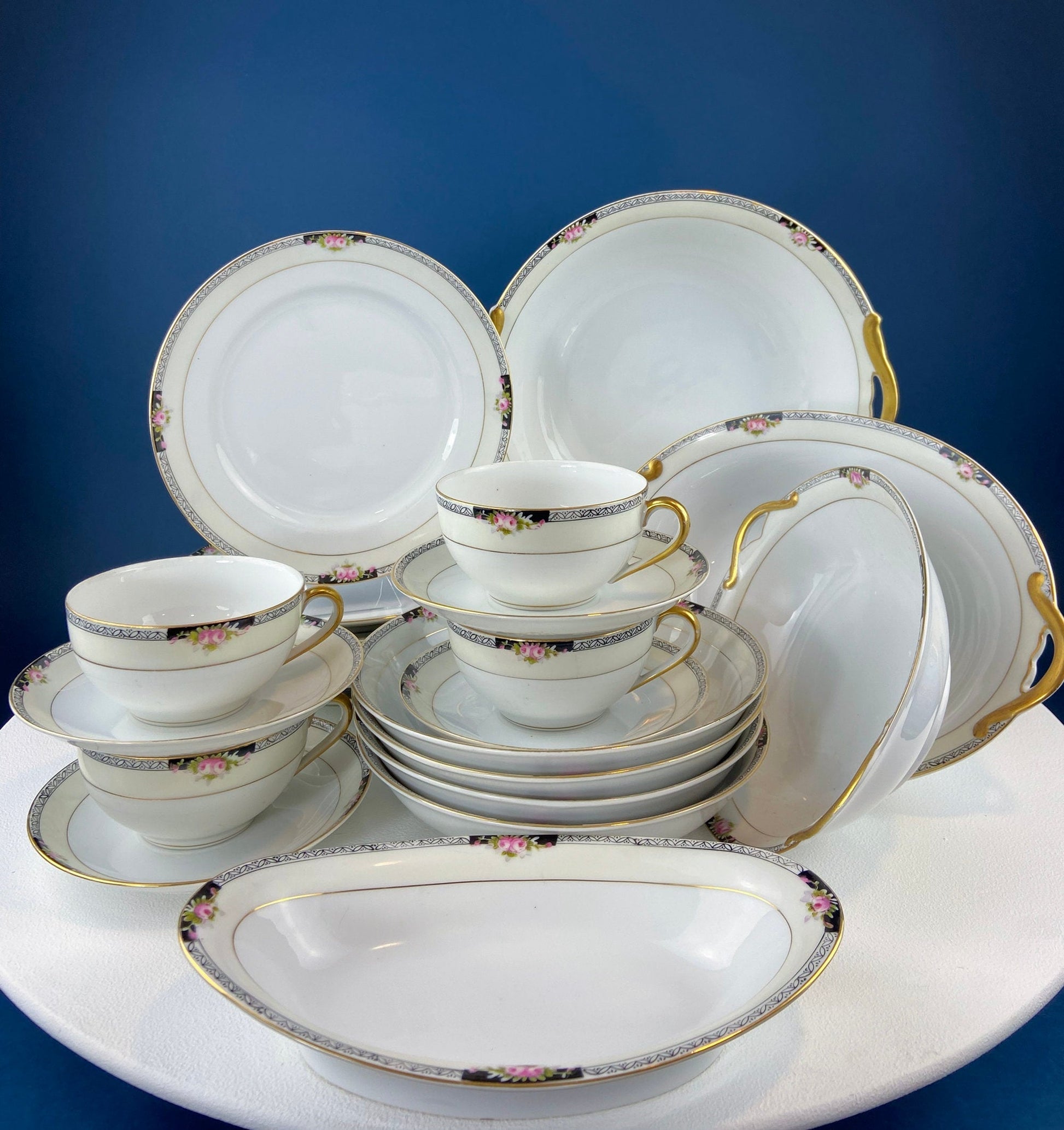 Classic Noritake Vintage Dinnerware. Beechmont Pattern. Small Rose Clusters with Black. Minimal Dining and Serving Set. Wedding Registry. - Tampa Home & Garden Store