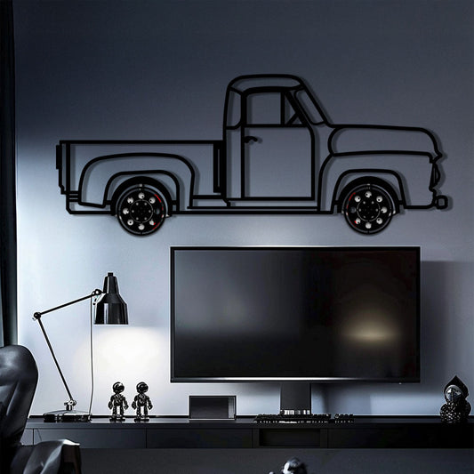 Classic Pickup Truck Metal Wall Art with Rotating Wheels - Vintage Chevy Style Silhouette - Interactive Retro Garage Decor - KAFMEKA119 - Tampa Home & Garden Store