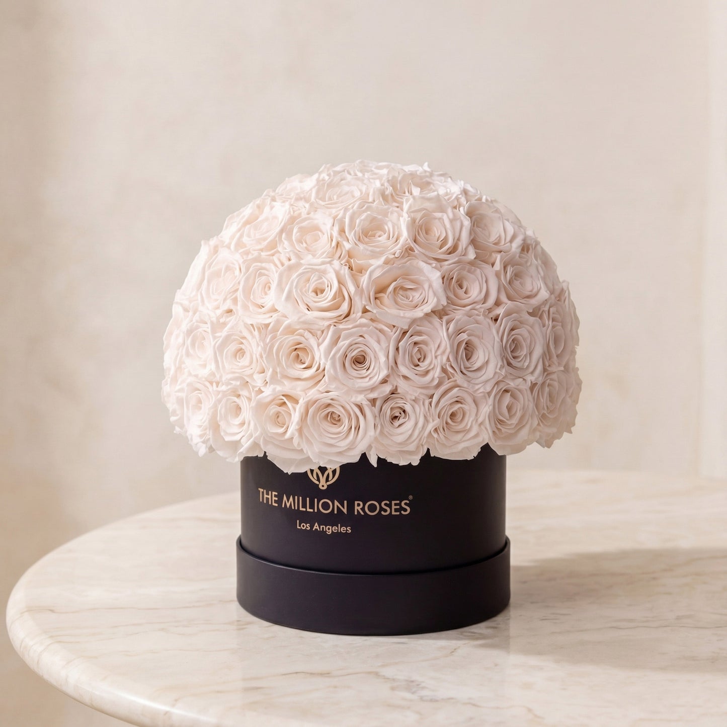 Classic black Superdome box topped with a white rose bouquet The Million Roses on Tampa Home & Garden Store