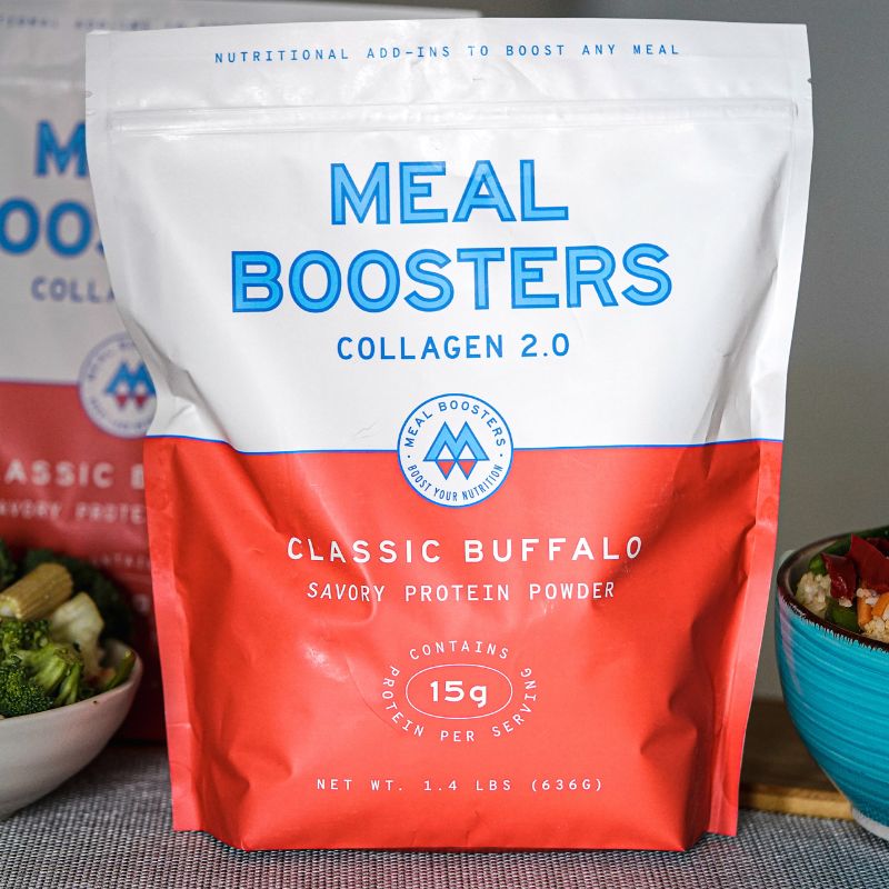 Meal Boosters Classic Buffalo collagen protein powder bag, white/red pouch with blue logo on Tampa Home & Garden Store