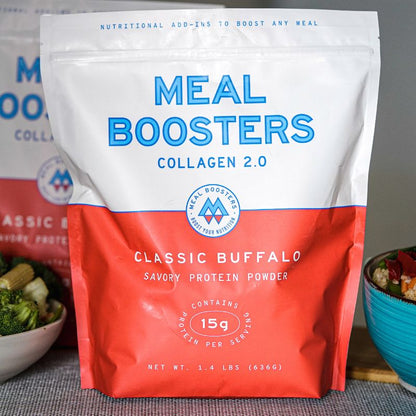 Meal Boosters Classic Buffalo collagen protein powder bag, white/red pouch with blue logo on Tampa Home & Garden Store