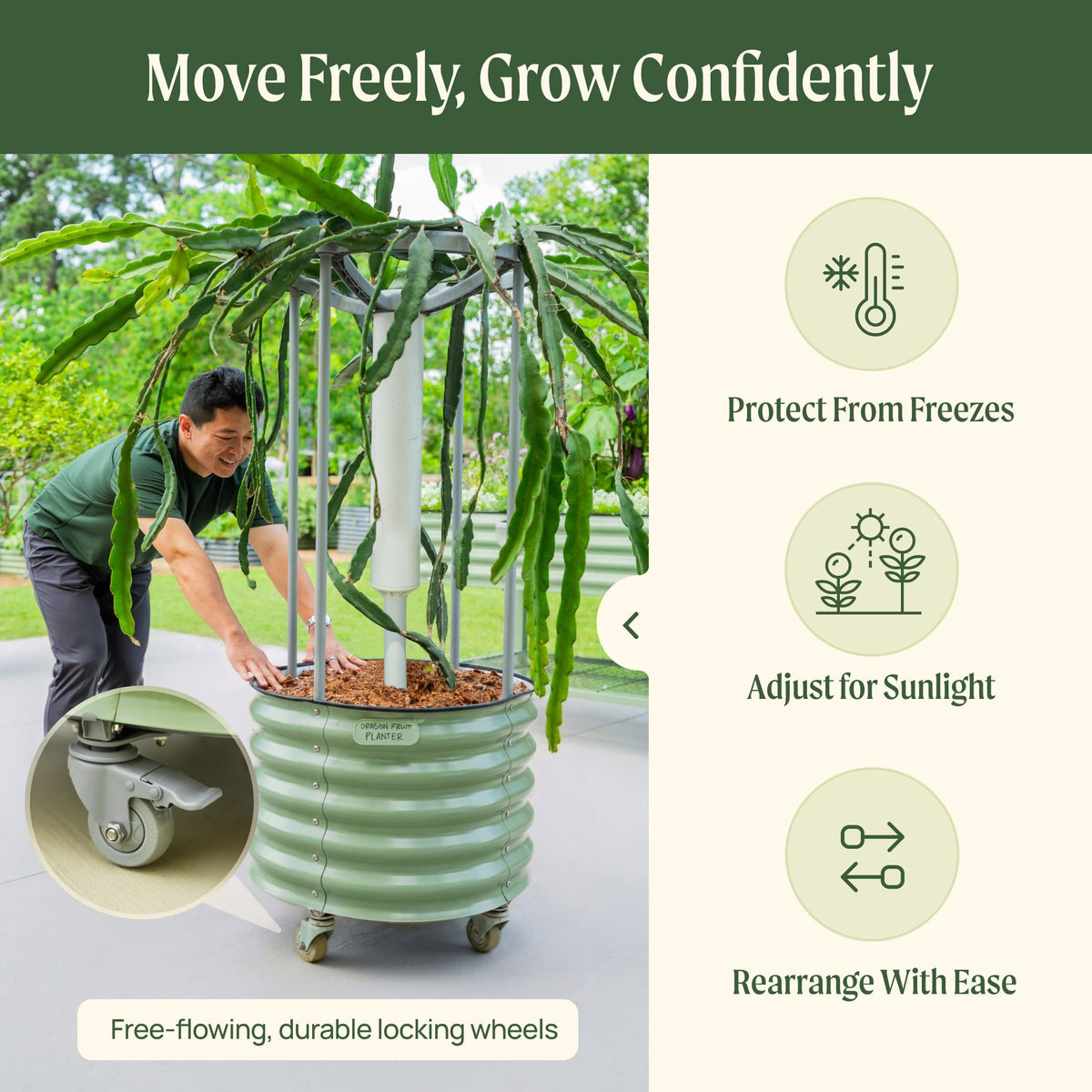 Classic Rolling Dragon Fruit Planter Gen 2 by Vego Garden; green ribbed metal planter on wheels on Tampa Home & Garden Store