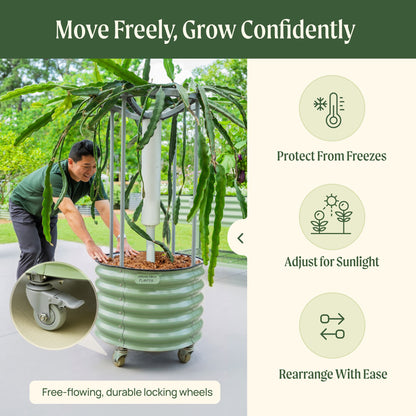 Classic Rolling Dragon Fruit Planter Gen 2 by Vego Garden; green ribbed metal planter on wheels on Tampa Home & Garden Store
