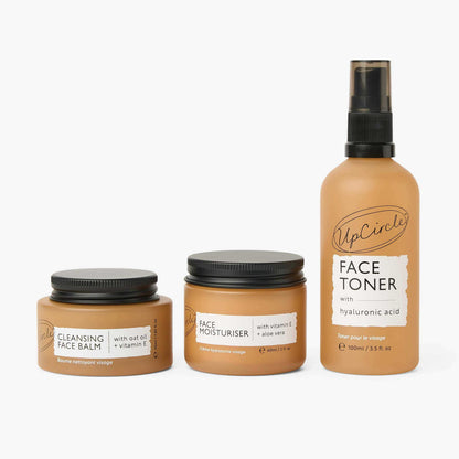 UpCircle Cleanse, Tone + Moisturize Set: 3 face care jars + toner bottle in tan packaging on Tampa Home & Garden Store