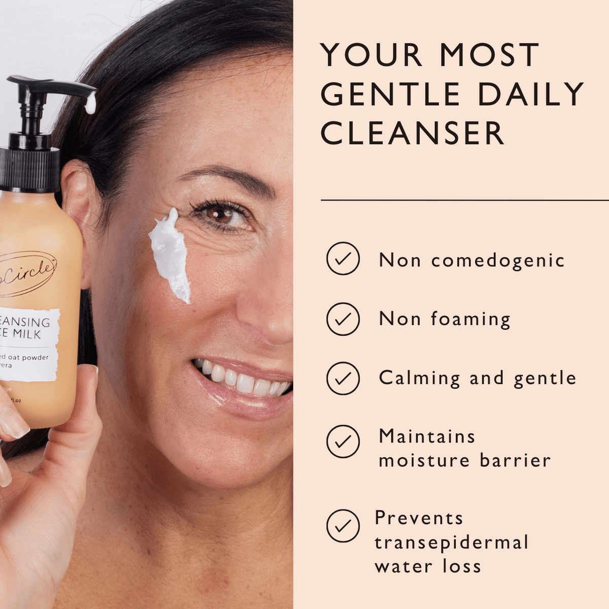 UpCircle Cleansing Face Milk with Oat + Aloe Vera bottle beside a smiling woman with cream on her cheek on Tampa Home & Garden Store