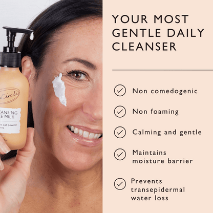 UpCircle Cleansing Face Milk with Oat + Aloe Vera bottle beside a smiling woman with cream on her cheek on Tampa Home & Garden Store