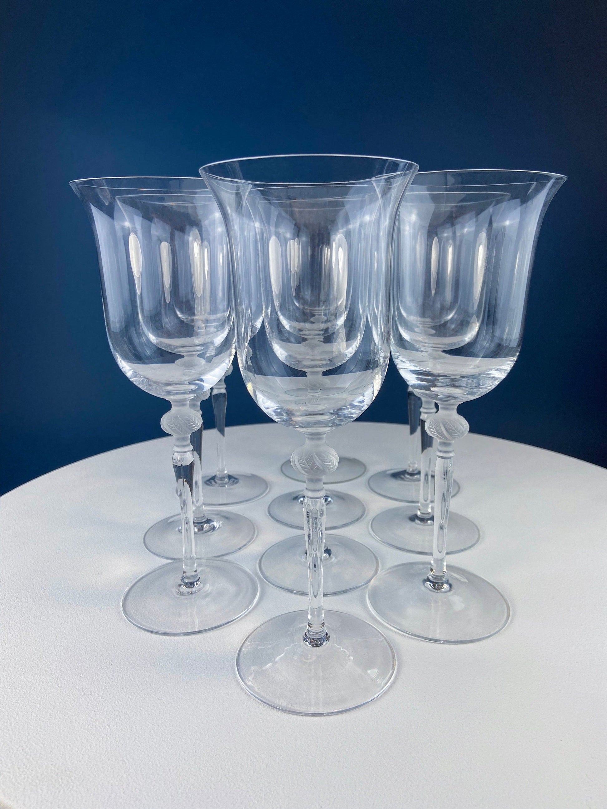 Clear Crystal Wine Goblets with Frosted Leaf Ball on the Stems. Stunning Sasaki Isabelle 8" Glassware. Long Ping. Set Of 10. - Tampa Home & Garden Store