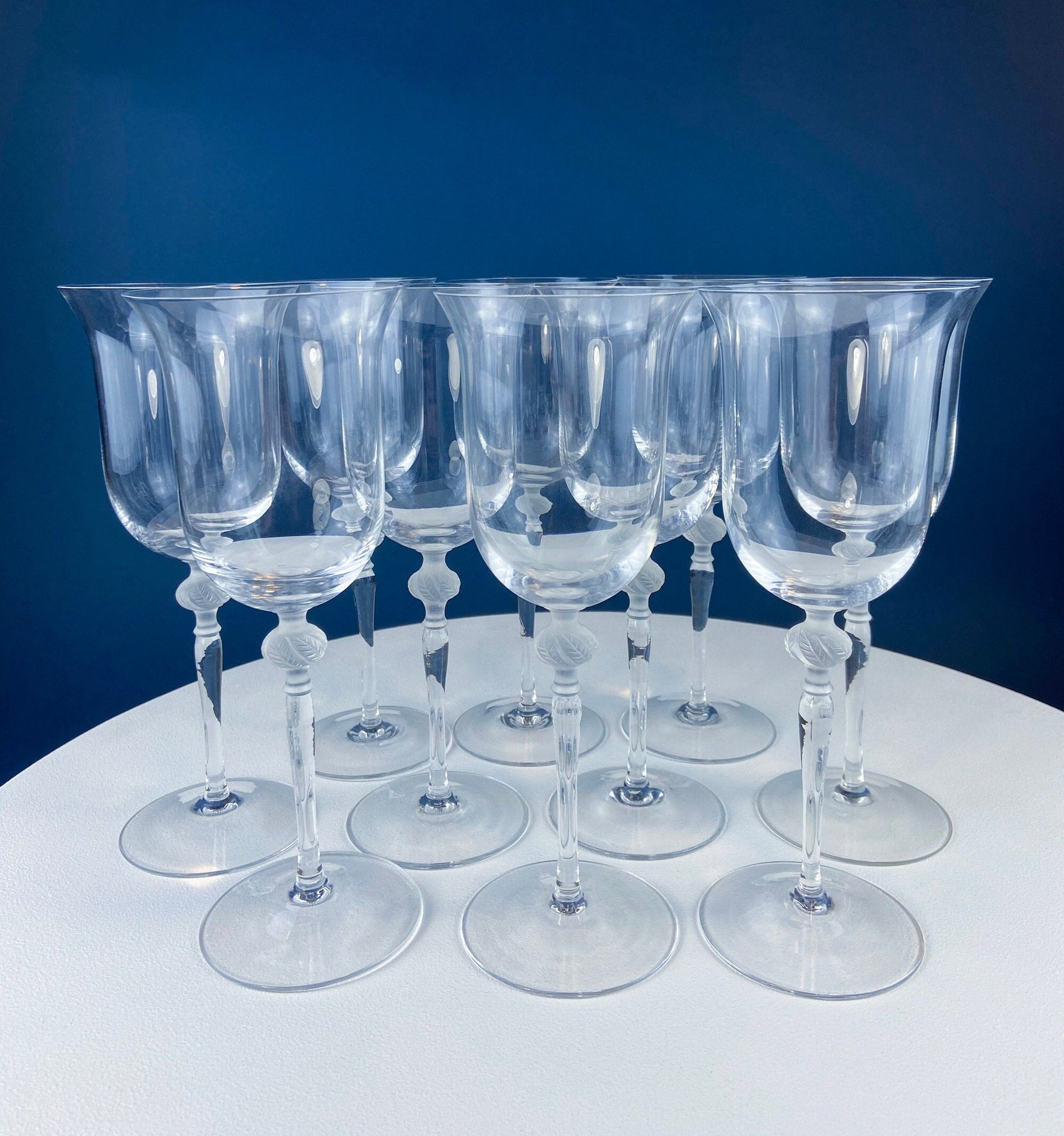Clear Crystal Wine or Water Goblets with Frosted Leaf Ball on the Stems. Stunning Sasaki Isabelle 9" Glassware. Long Ping. Set Of 10. - Tampa Home & Garden Store