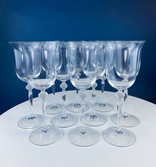 Clear Crystal Wine or Water Goblets with Frosted Leaf Ball on the Stems. Stunning Sasaki Isabelle 9" Glassware. Long Ping. Set Of 10. - Tampa Home & Garden Store