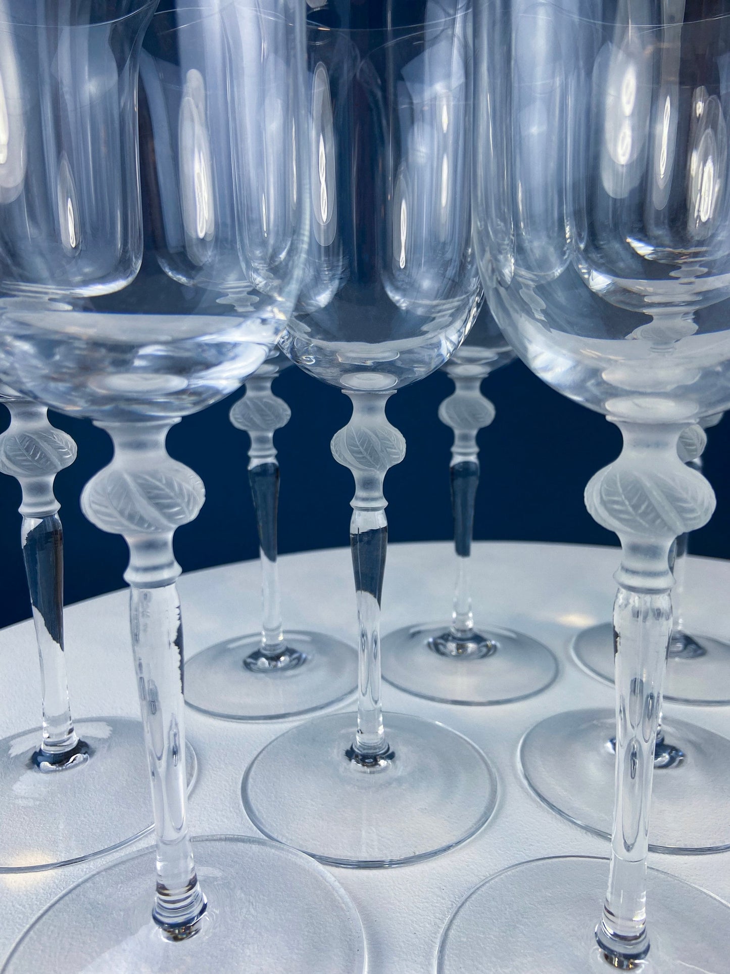 Clear Crystal Wine or Water Goblets with Frosted Leaf Ball on the Stems. Stunning Sasaki Isabelle 9" Glassware. Long Ping. Set Of 10. - Tampa Home & Garden Store