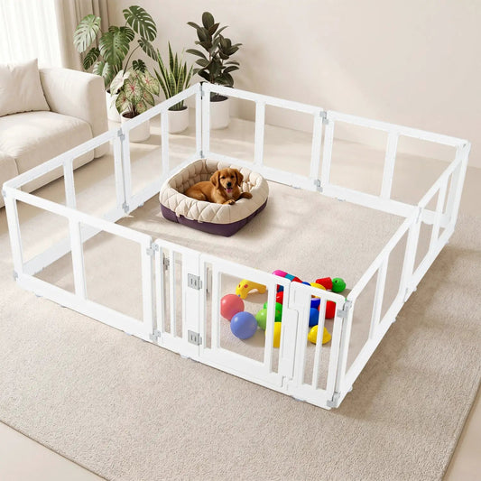 Clear plastic dog playpen with door, white frame, 8 panels, DirectDeals on Tampa Home & Garden Store