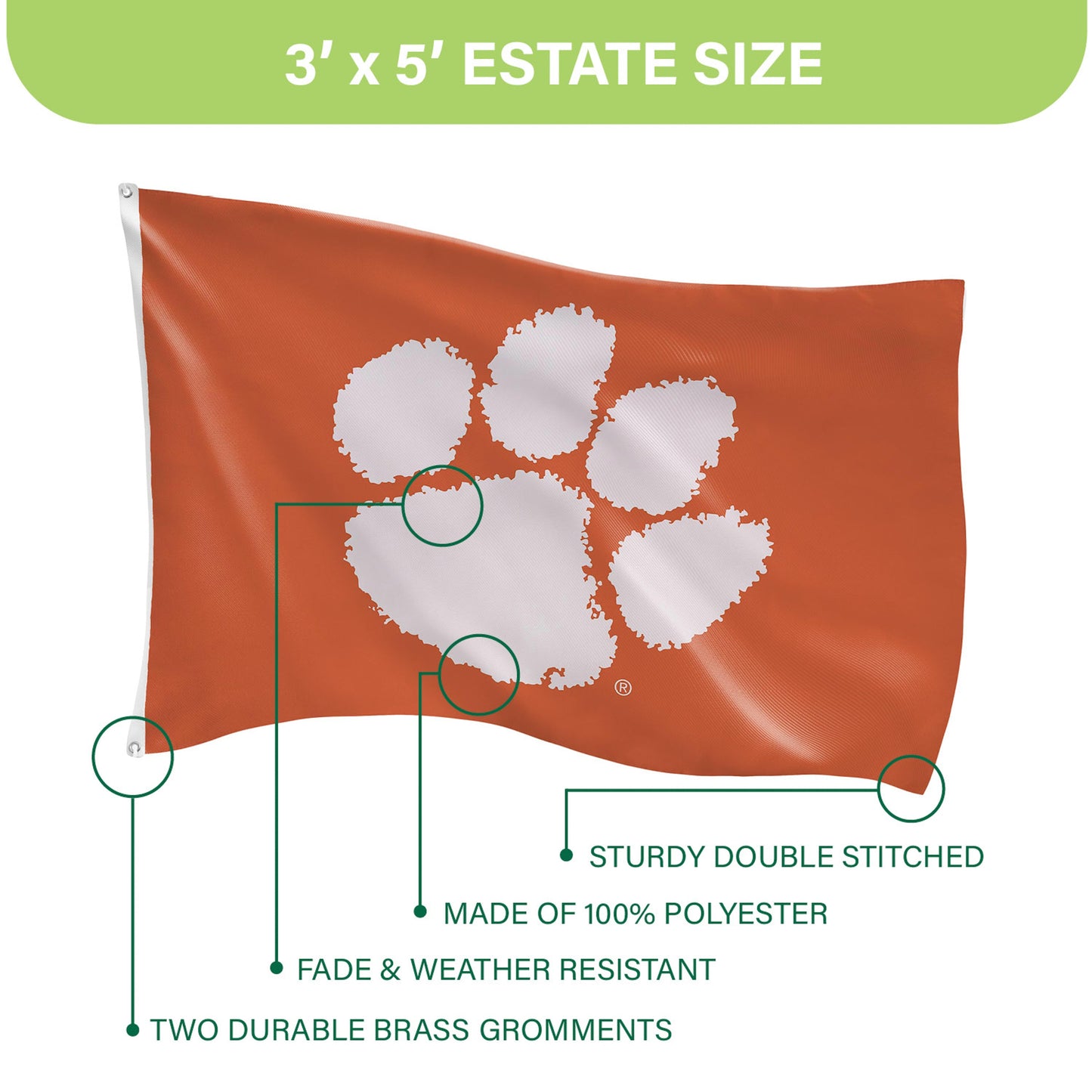 Clemson University Single Sided Estate Flag with 2 Grommets, 3'x5' - Tampa Home & Garden Store