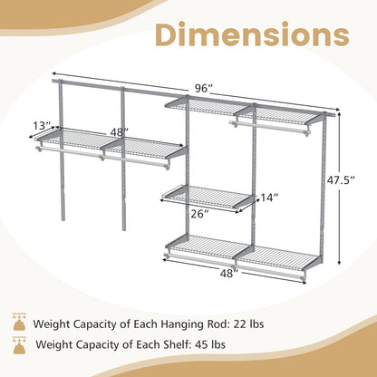 Closet System 4-8 FT Wall-Mounted Closet Shelves and Rod