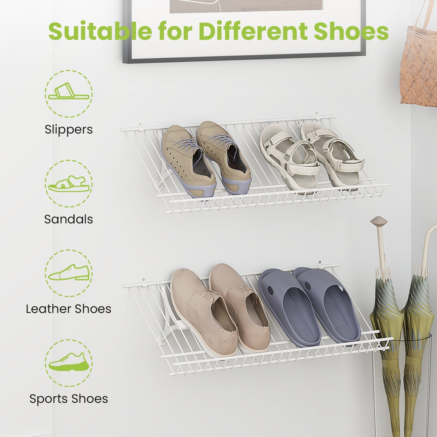 Closet Shelves Wall Mounted Set of 2 Metal Wire Shoe Racks