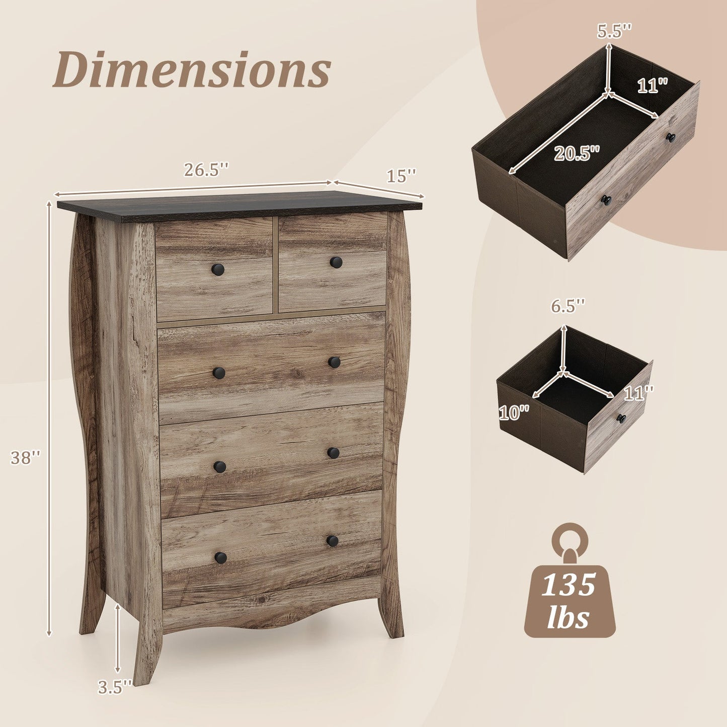 Closet Storage Organizer with 5 Folding Fabric Drawers and Anti-tipping Kit-Brown