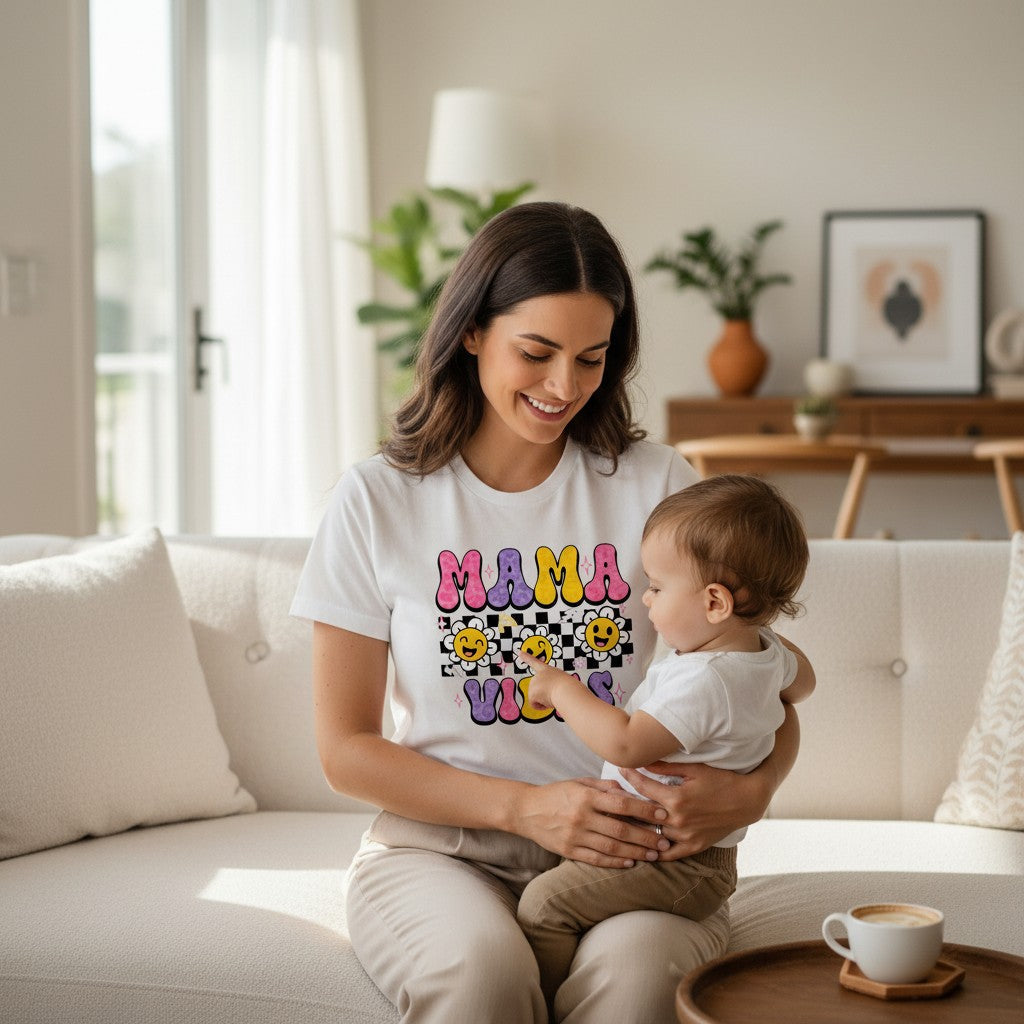 Mama Vibes Checkerboard Cotton Tee Shirt