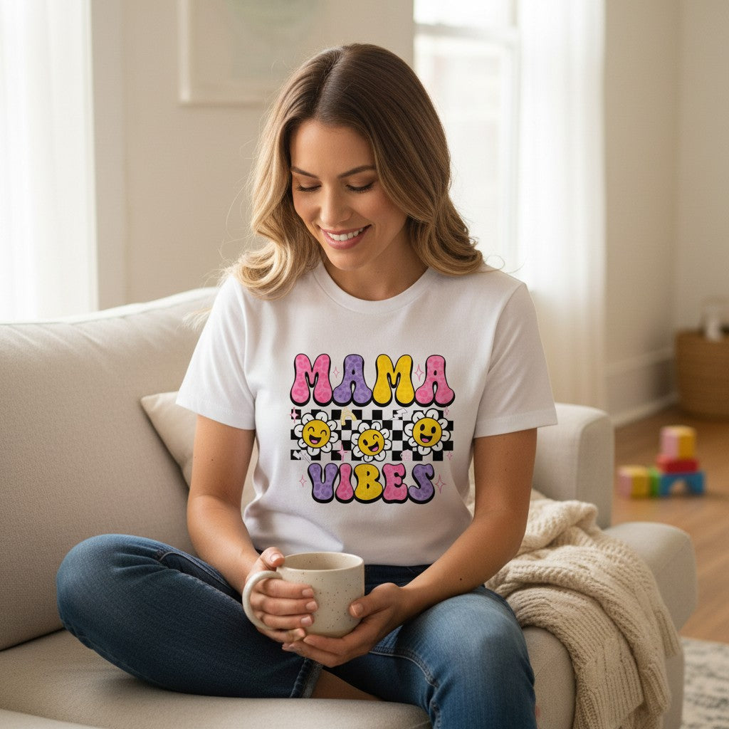 Mama Vibes Checkerboard Cotton Tee Shirt