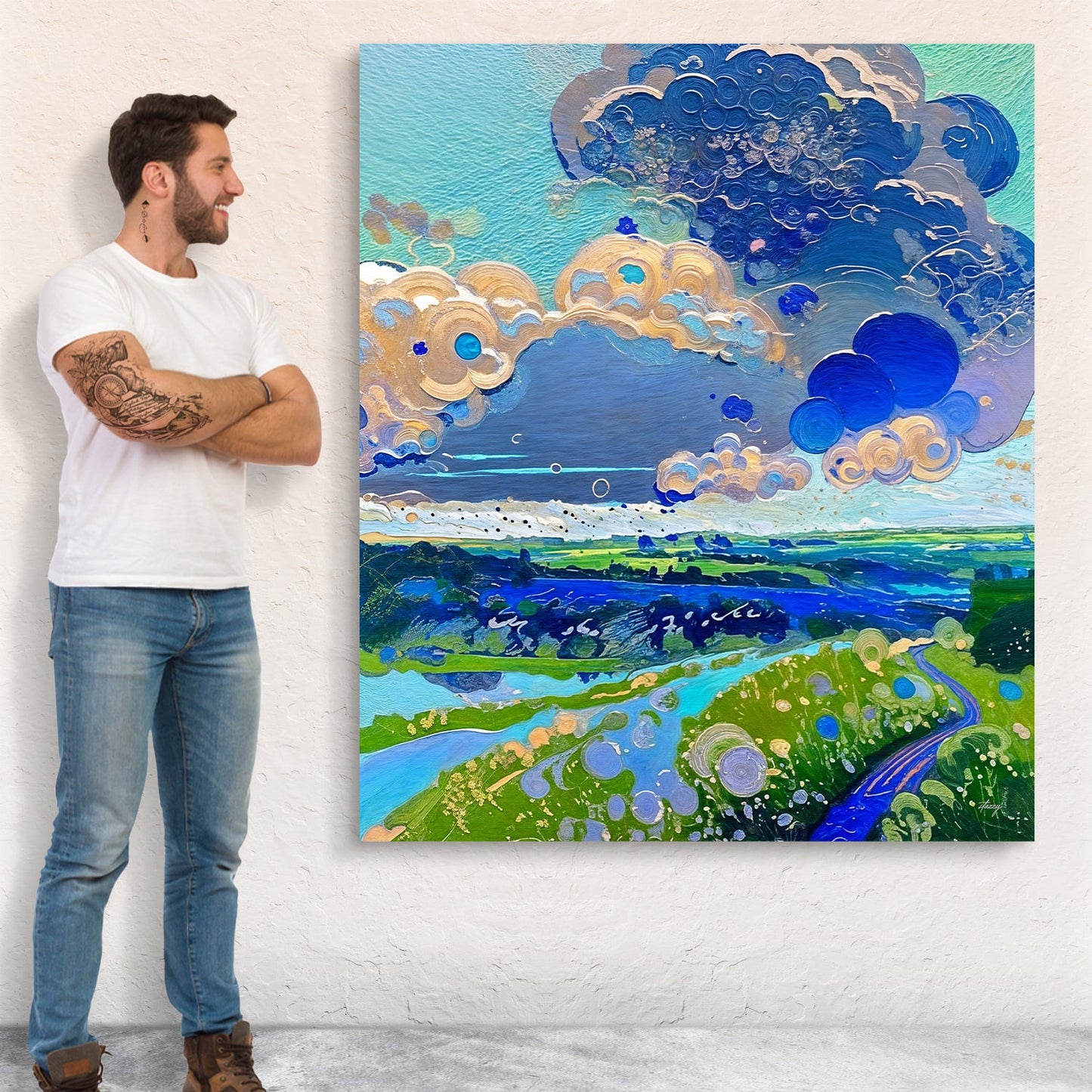 Canvas Print Cloud Dance by Tailored Canvases; blue cloud swirls over teal sky and green fields on Tampa Home & Garden Store