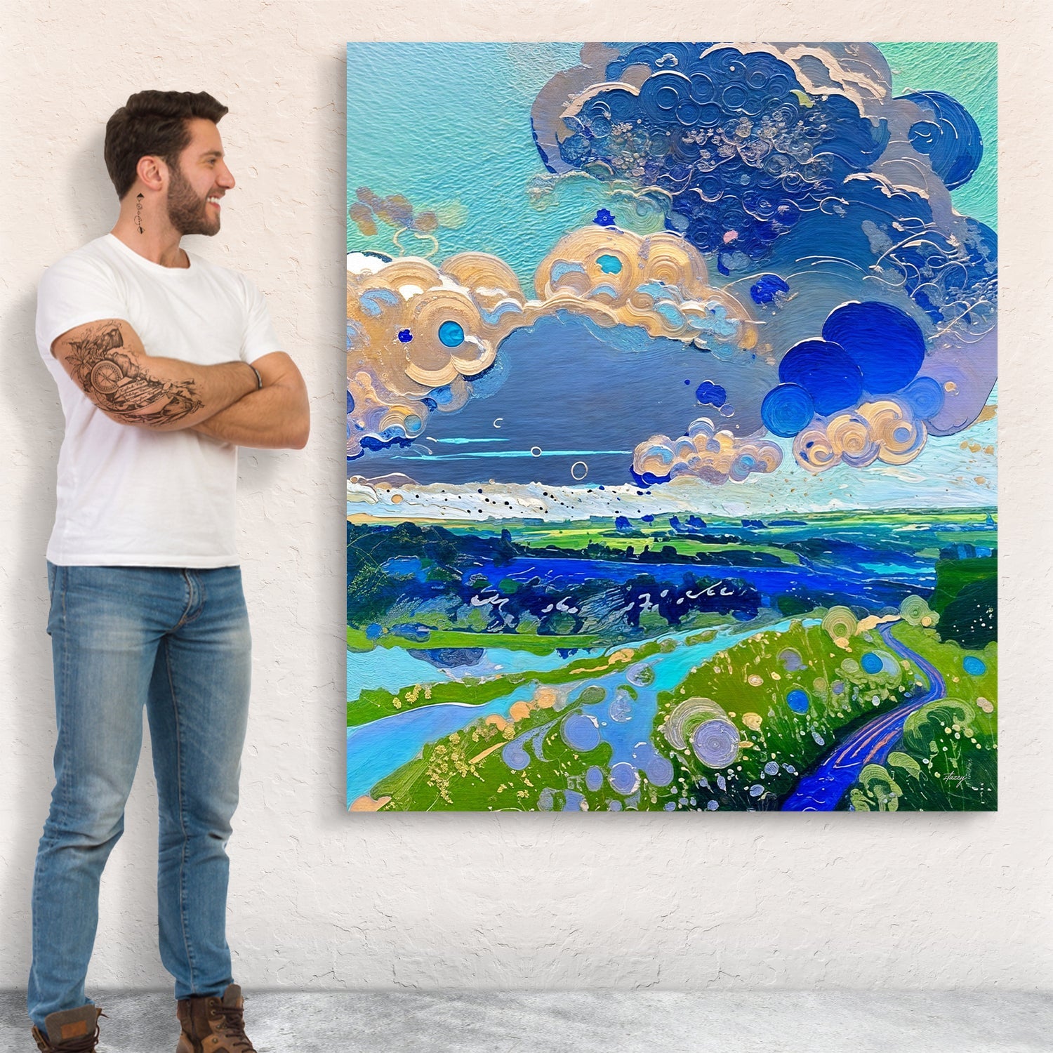 Canvas Print Cloud Dance by Tailored Canvases; blue cloud swirls over teal sky and green fields on Tampa Home & Garden Store