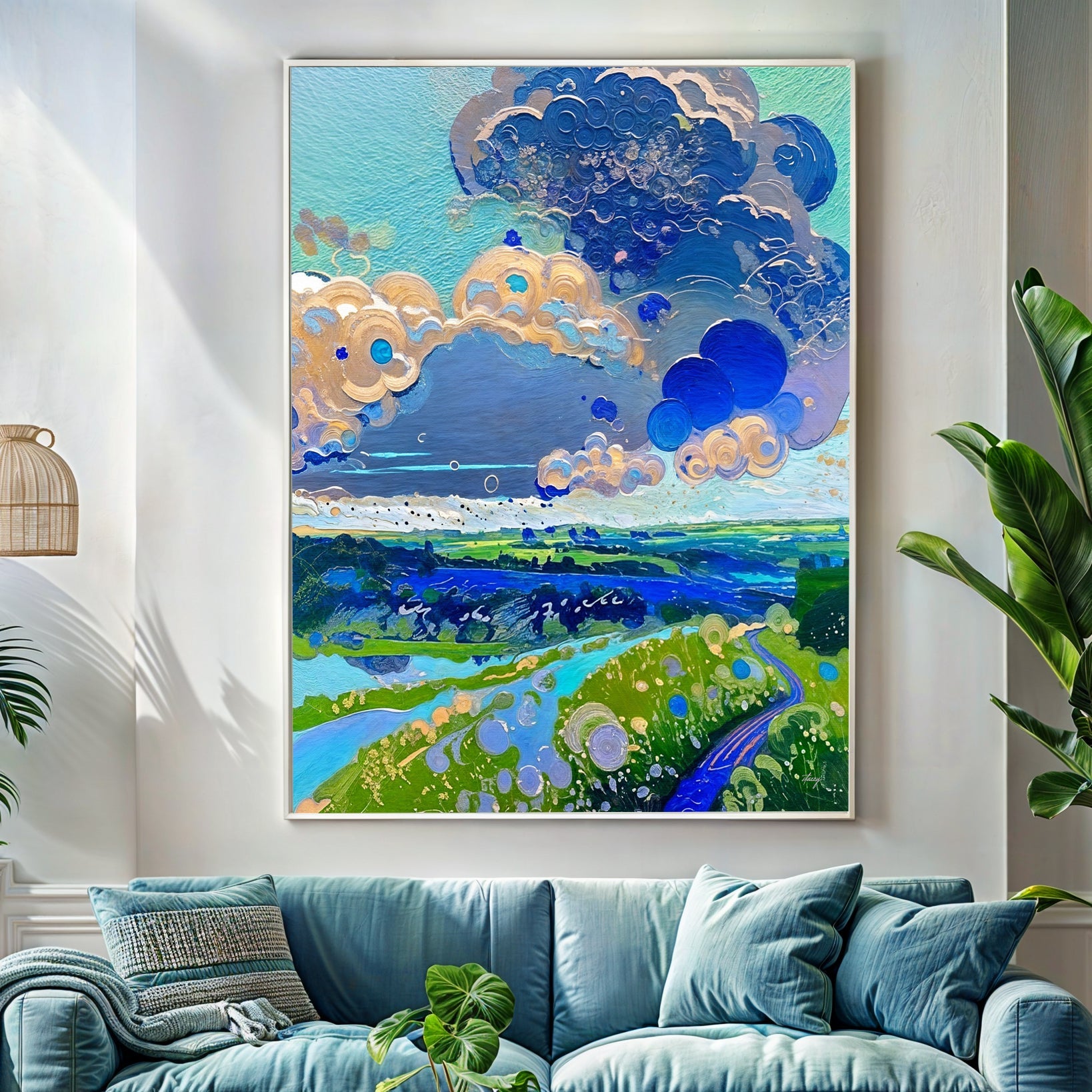 Canvas Print Cloud Dance by Tailored Canvases; blue cloudscape with teal greens on Tampa Home & Garden Store