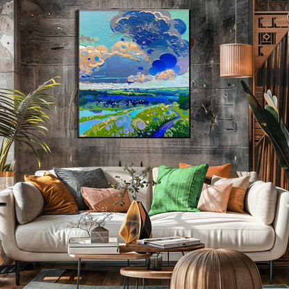 Canvas print Cloud Dance by Tailored Canvases, vibrant blues greens wall art with bold clouds on Tampa Home & Garden Store