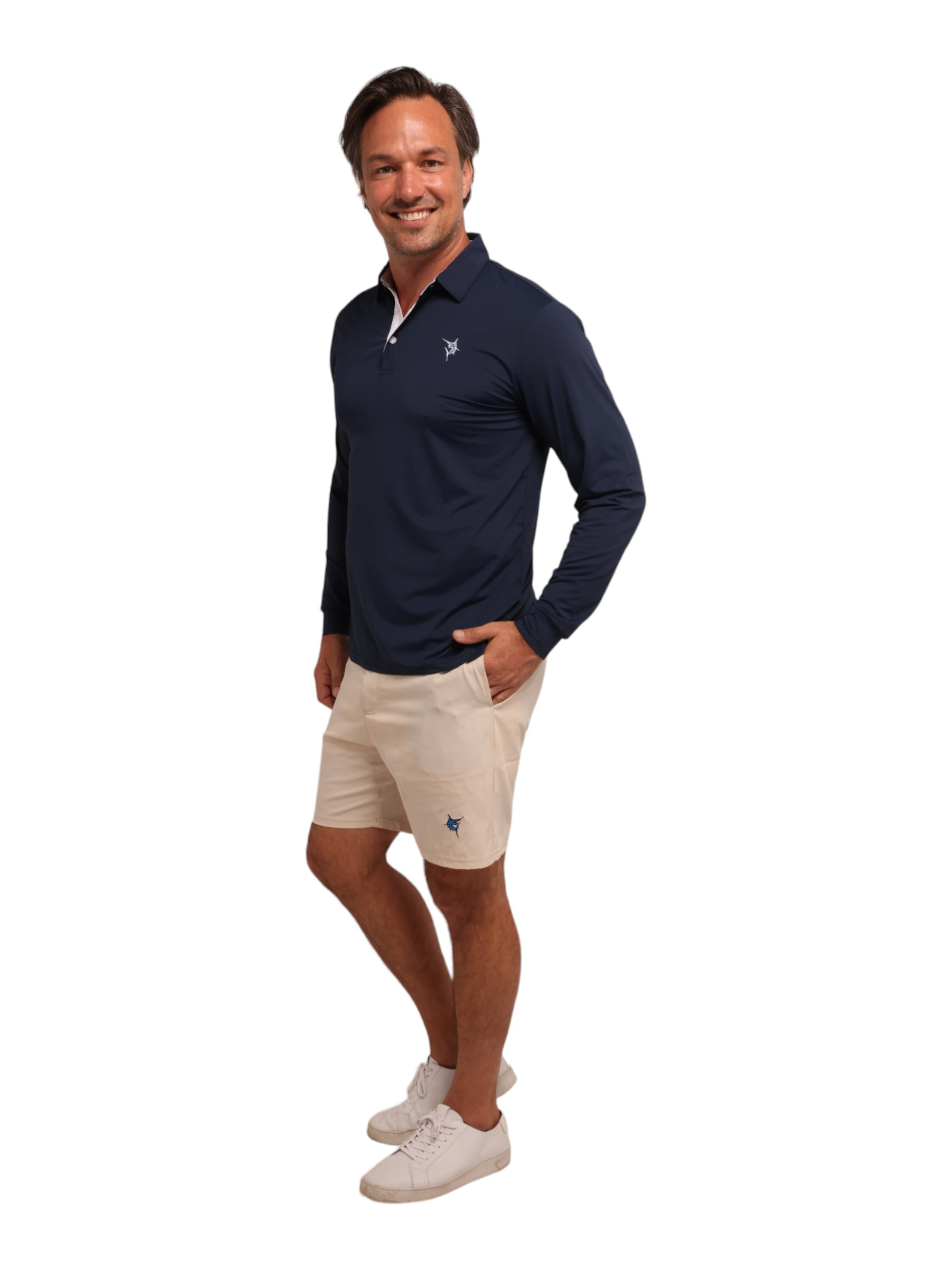 Coast Long Sleeve Polo navy by White Water Life with chest logo worn by a model on Tampa Home & Garden Store