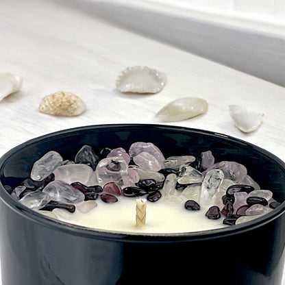 Coastal Dreams Crystal Candle with Garnet, Crystal Quartz, and Rose Quartz | Coconut-Soy Wax Candle, 9oz - Tampa Home & Garden Store