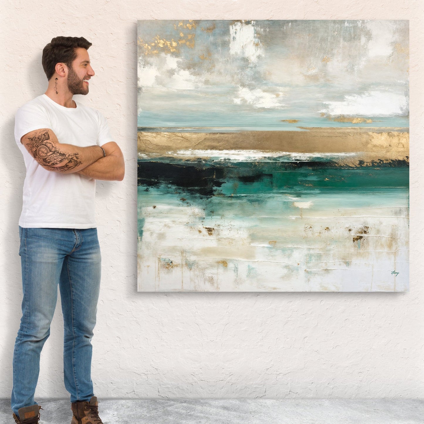 Canvas Print Coastal Echoes by Tailored Canvases; abstract coastal seascape in teal, beige, gold on Tampa Home & Garden Store