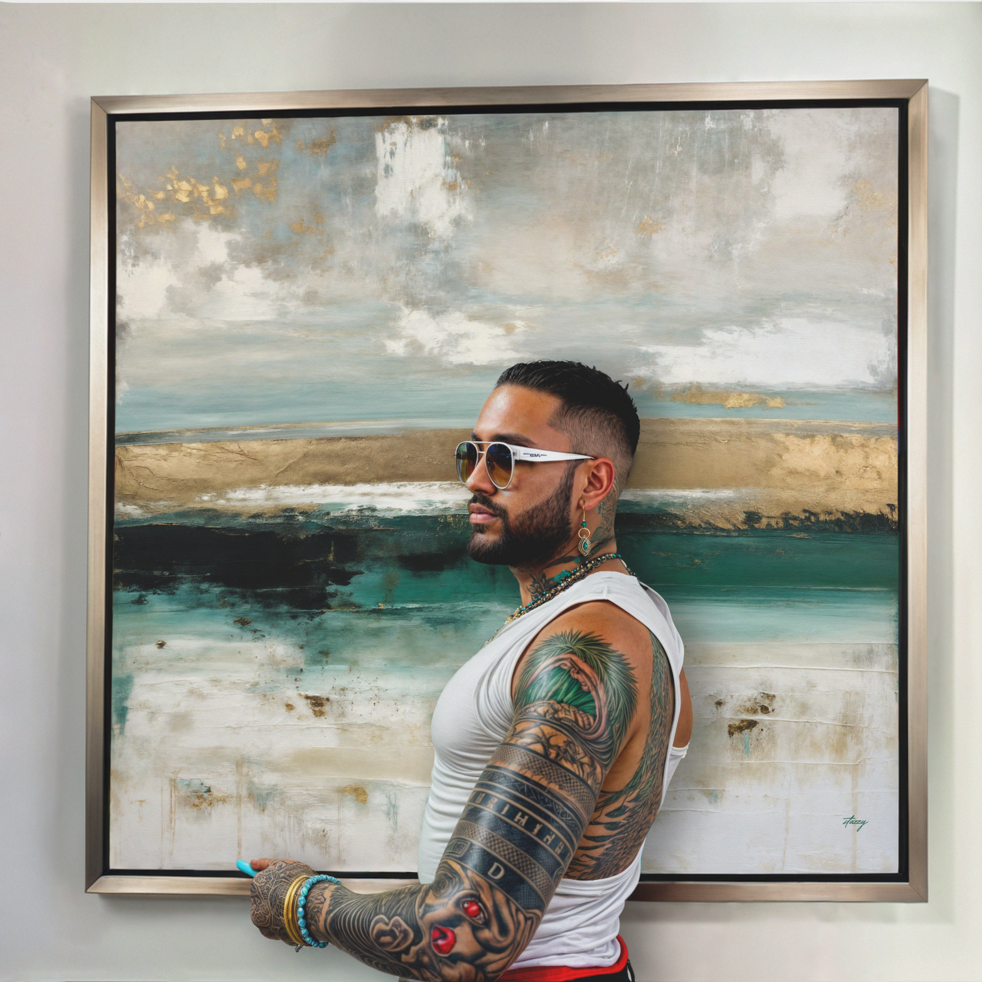 Canvas Print Coastal Echoes by Tailored Canvases, metallic framed sea portrait of a tattooed man on Tampa Home & Garden Store