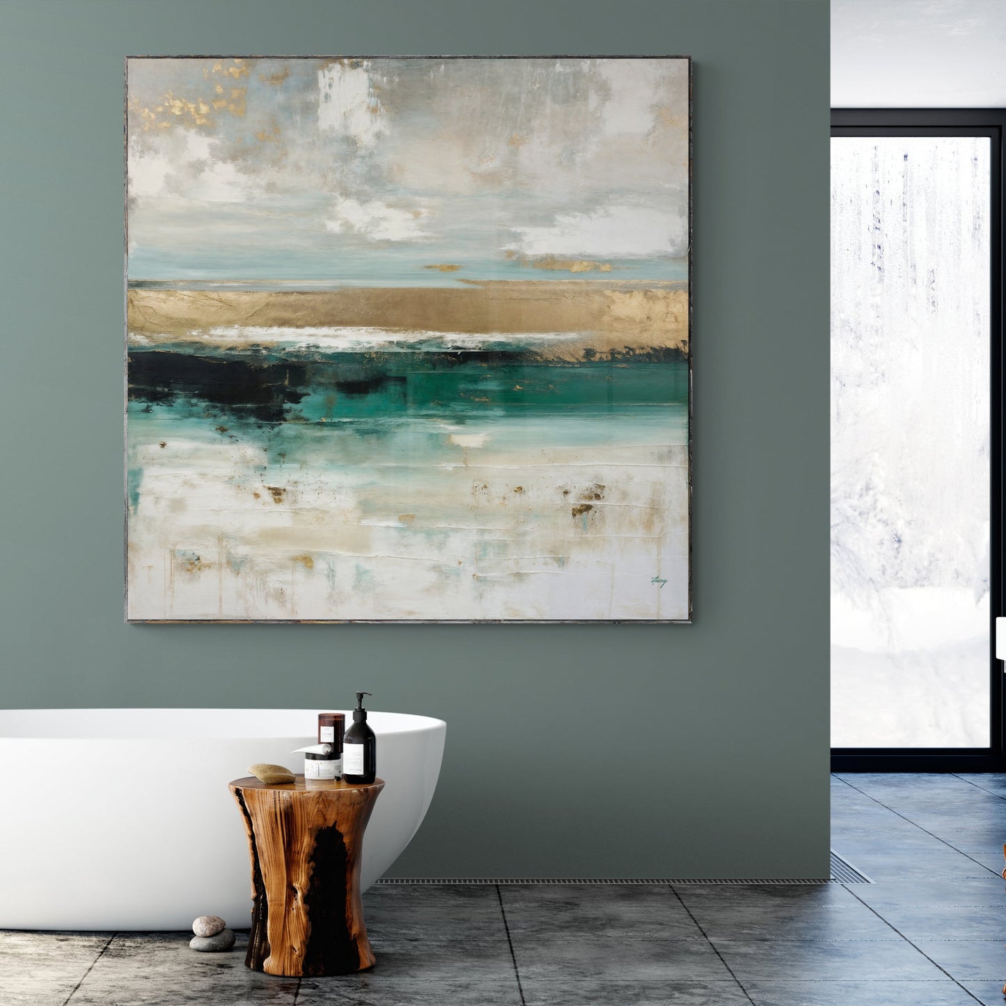 Canvas Print Coastal Echoes by Tailored Canvases in muted blues with gold accents on Tampa Home & Garden Store
