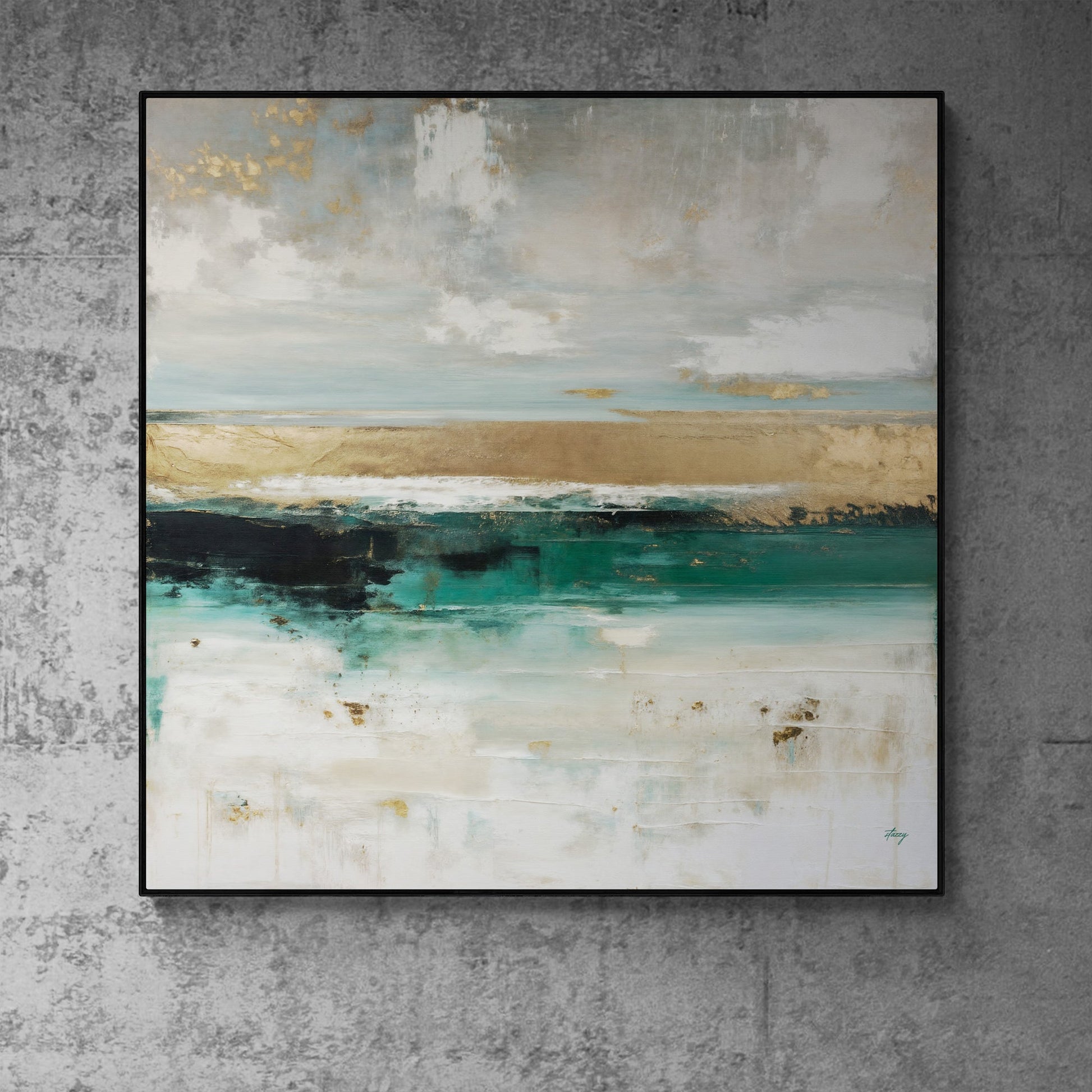 Canvas Print Coastal Echoes by Tailored Canvases; serene seascape in blues, sand and gold on Tampa Home & Garden Store