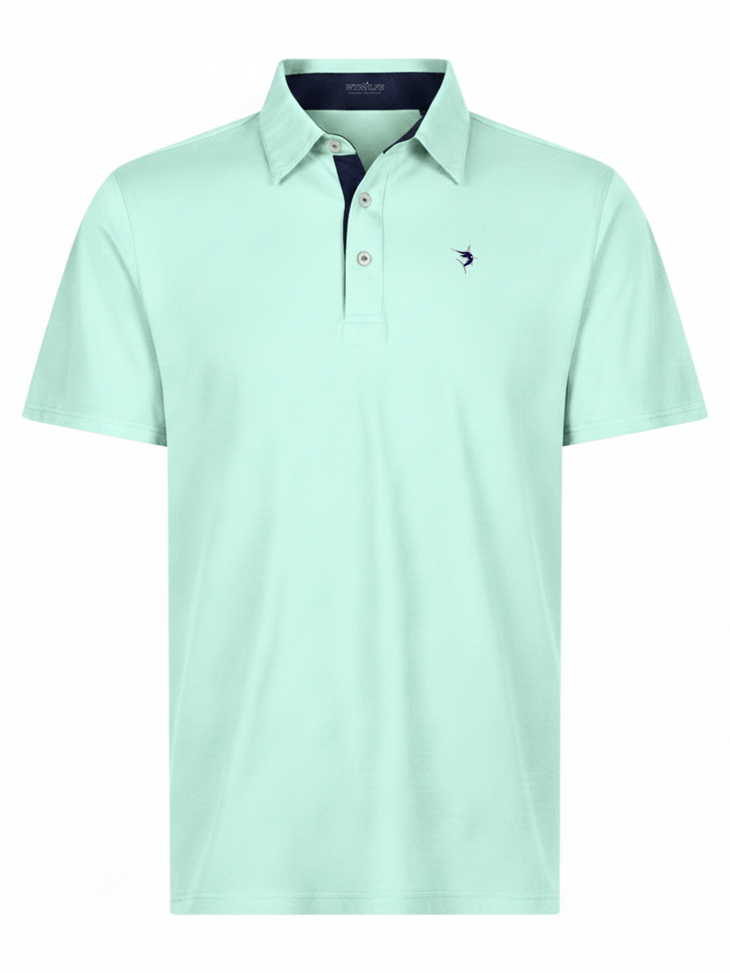 Coastal Performacne Polo mint green polo with navy placket and small chest logo White Water Life on Tampa Home & Garden Store