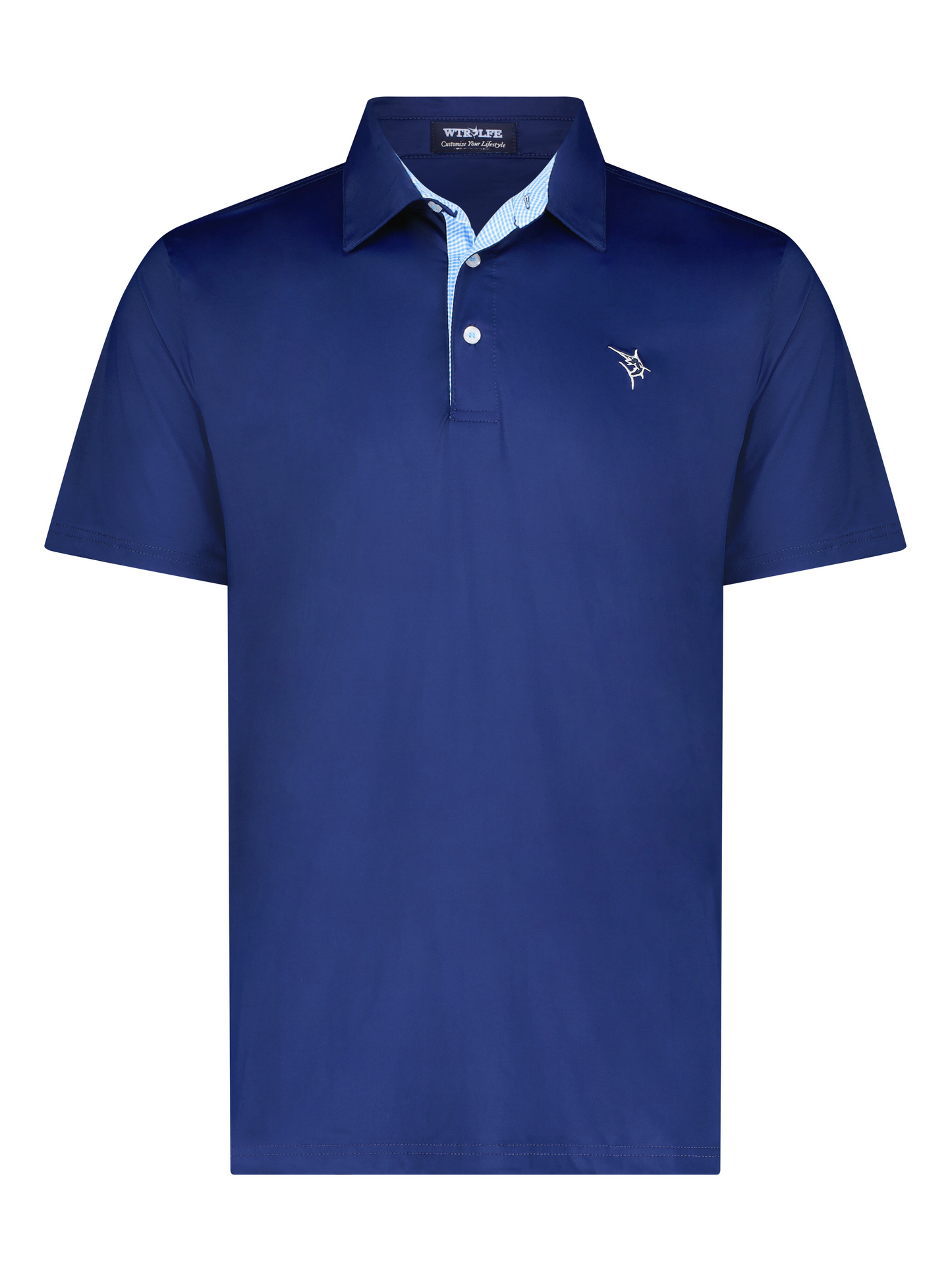 Coastline polo navy by White Water Life, navy polo with light blue check collar and chest logo on Tampa Home & Garden Store