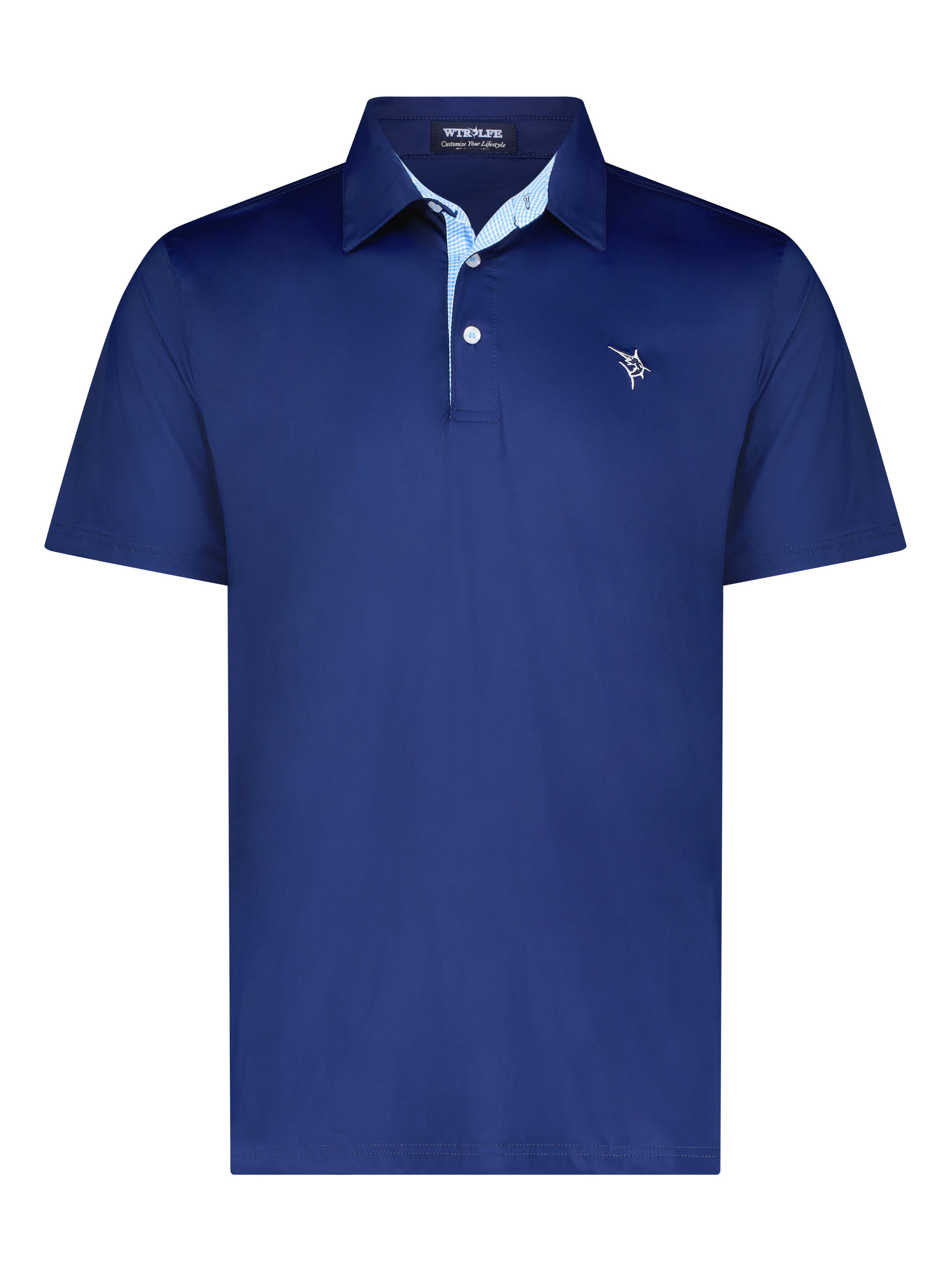 Coastline polo navy by White Water Life, navy polo with light blue check collar and chest logo on Tampa Home & Garden Store